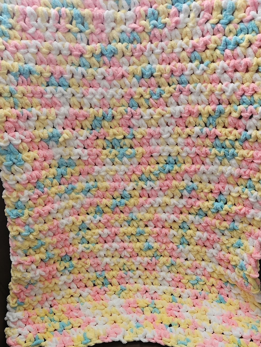 Variegated Pink Yellow Blue Hand Knitted Crochet Baby Blanket Chunky Wool